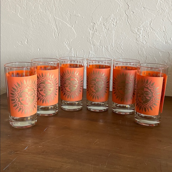 🌞Set of 6 Orange Aztec Celestial MCM 1960s Sunburst Drinking Glasses Tumblers🌞 - Picture 4 of 8